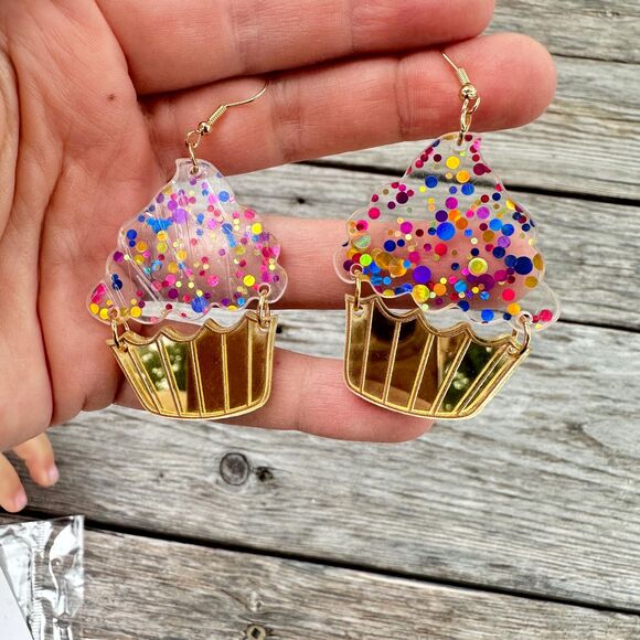 Cupcake Earrings Birthday Earrings Confetti Cupcake Earrings - Picture 4 of 4